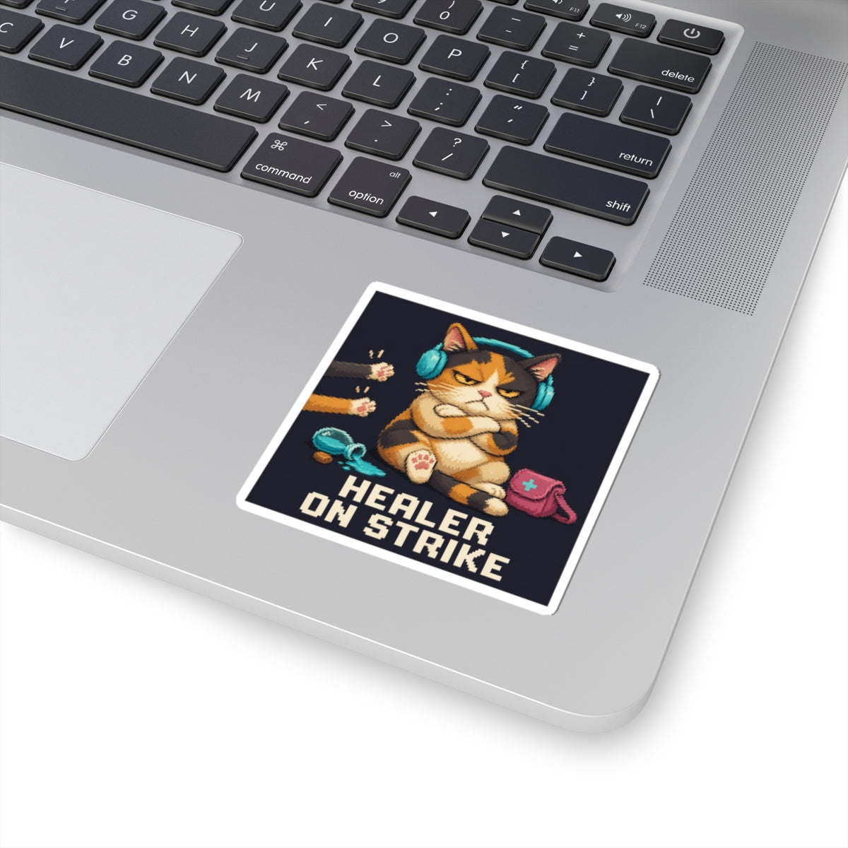 Healer On Strike Gaming Cat Sticker — Wear8bit — supplier digital product render, angle 2