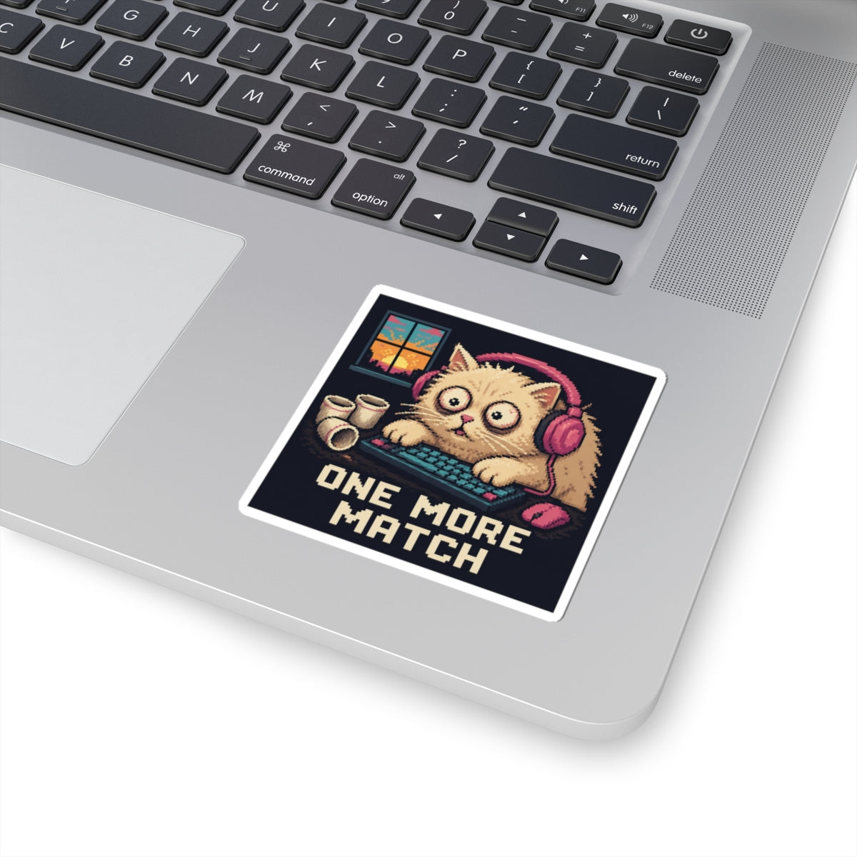 One More Match Gaming Cat Sticker — Wear8bit — supplier digital product render, angle 2