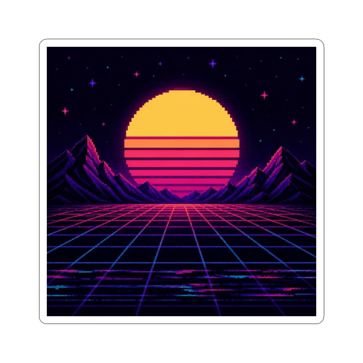 Grid Horizon Sticker — Synthwave Pixel Art Decal, Retro Gaming Vinyl Sticker — original Wear8bit pixel-art product design, product image 2, digital mockup