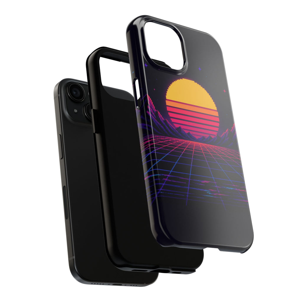 Grid Horizon Phone Case — Synthwave Pixel Art Case, Retro Gaming Phone Case — original Wear8bit pixel-art product design, product image 6, digital mockup
