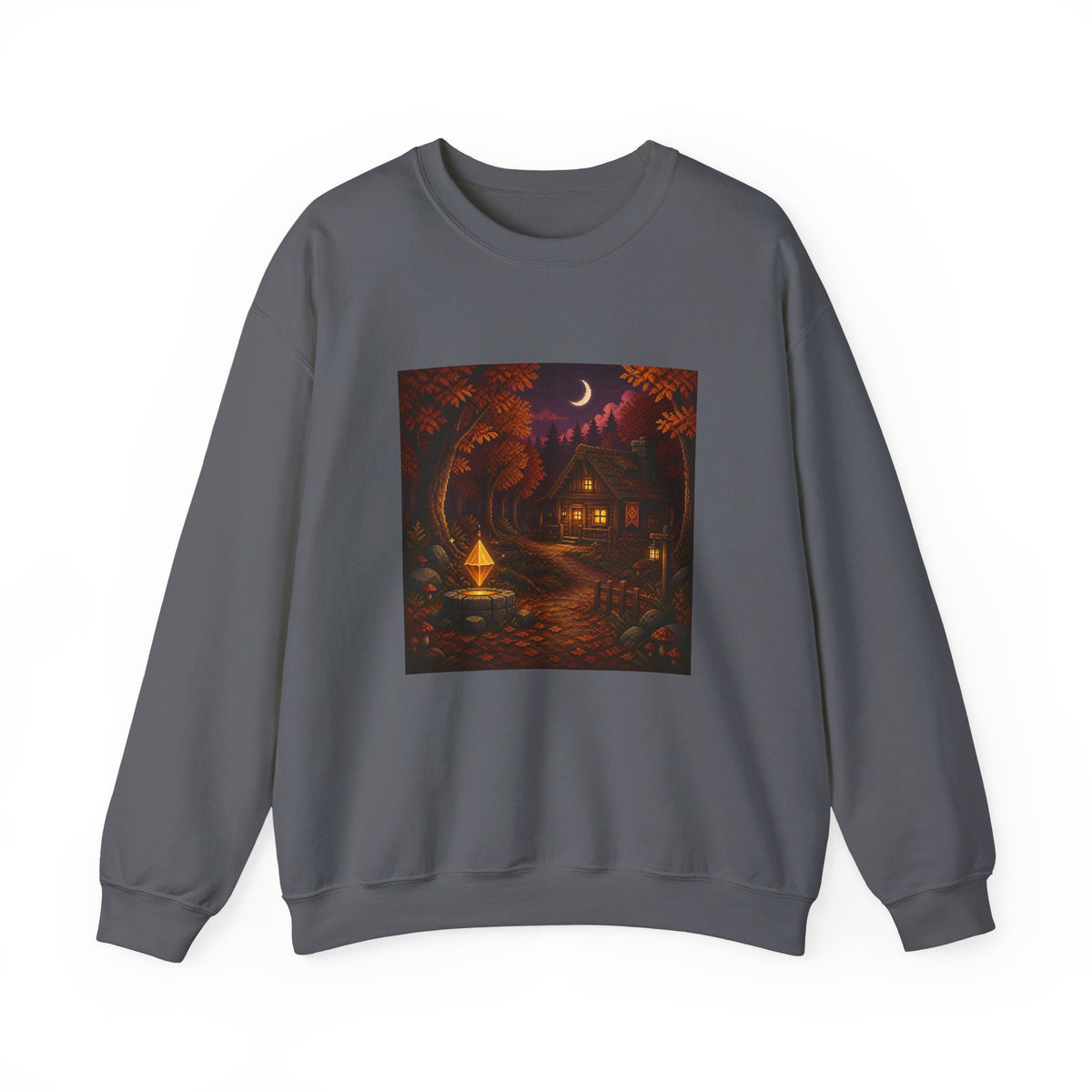 Amber Save Point Pixel Art Crewneck Sweatshirt — Fall & Cozy — original Wear8bit pixel-art product design, product image 3, digital mockup