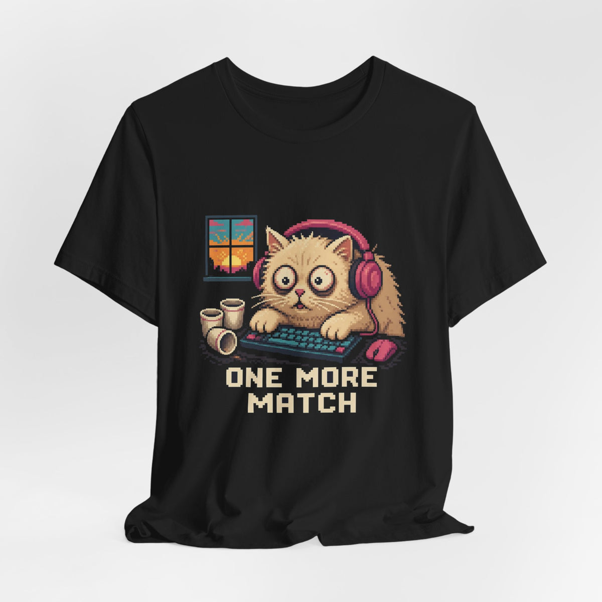 One More Match Gaming Cat T-Shirt — Wear8bit — supplier digital product render, angle 4