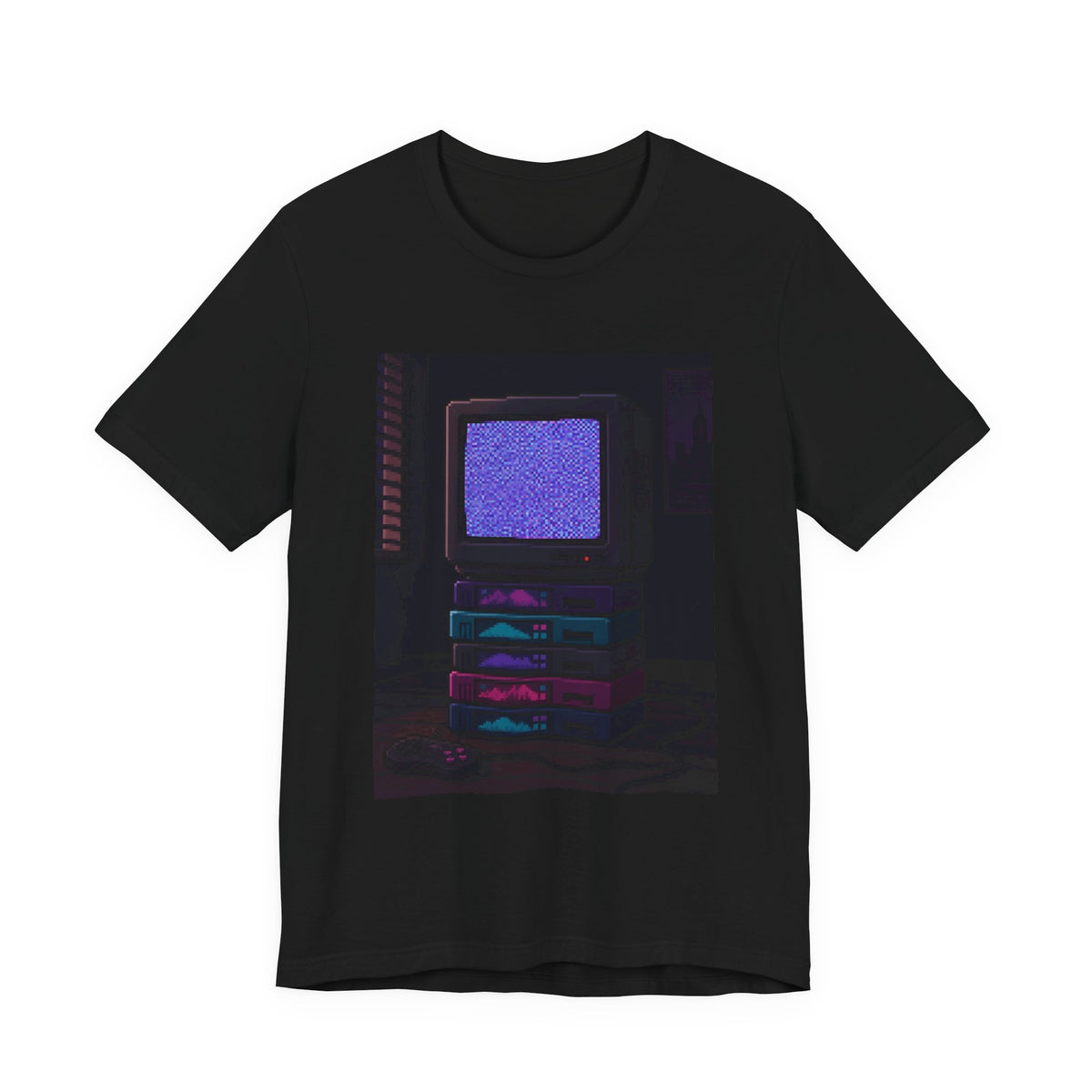 Static Noise Graphic Tee — Vertical CRT Pixel Art Shirt, Synthwave Tee — original Wear8bit pixel-art product design, product image 2, digital mockup