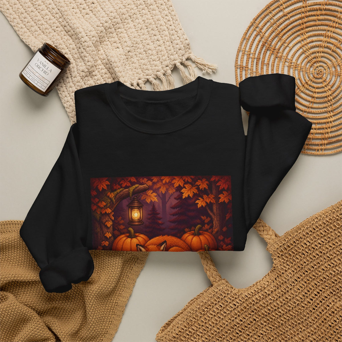 Harvest Fox Pixel Art Crewneck Sweatshirt — Fall & Cozy — original Wear8bit pixel-art product design, product image 6, digital mockup