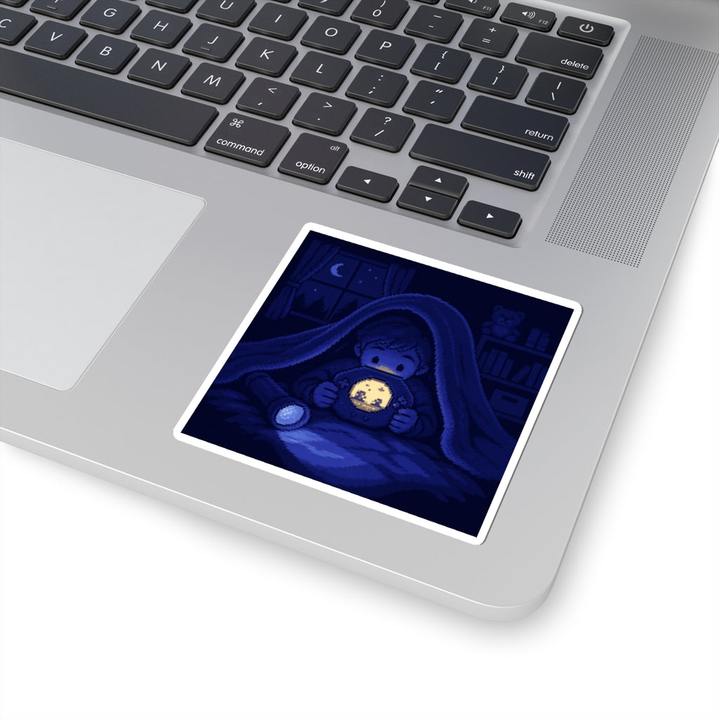 Moonlit Player Sticker — Flashlight Gaming Pixel Art Decal, Nostalgia Sticker — original Wear8bit pixel-art product design, product image 3, digital mockup