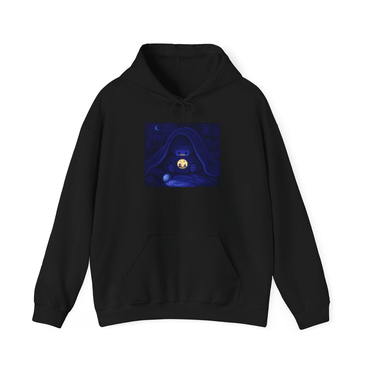Moonlit Player Hoodie — Flashlight Gaming Pixel Art Pullover, Nostalgia Hoodie — original Wear8bit pixel-art product design, product image 2, digital mockup