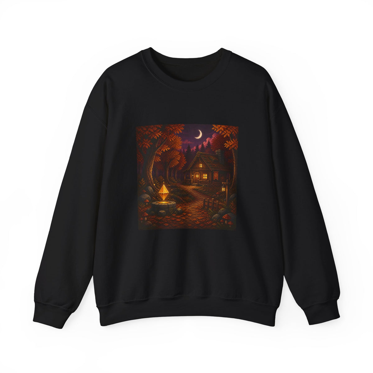 Amber Save Point Pixel Art Crewneck Sweatshirt — Fall & Cozy — original Wear8bit pixel-art product design, product image 2, digital mockup