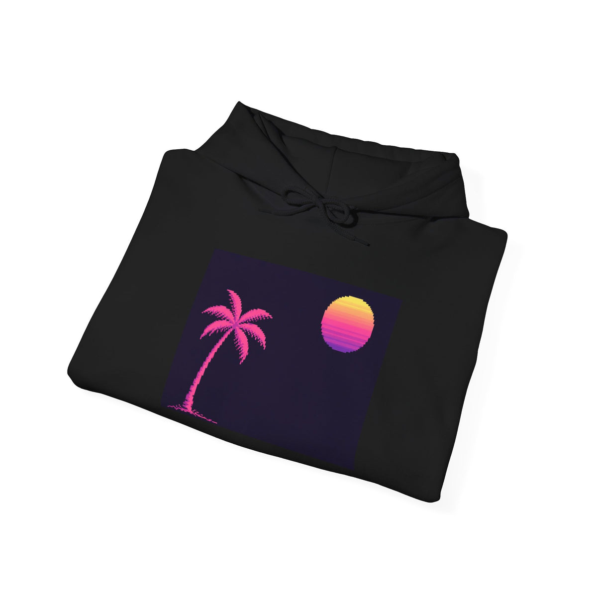 Palm & Chrome Sun Hoodie — Minimalist Synthwave Pixel Art Pullover — original Wear8bit pixel-art product design, product image 5, digital mockup