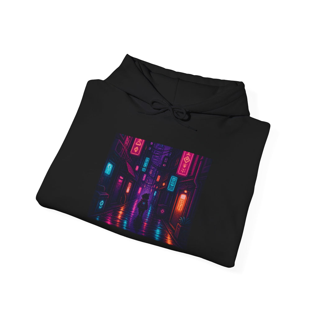 Neon District Hoodie — Original Pixel Art Cityscape Pullover, Anime-Aesthetic Merch — original Wear8bit pixel-art product design, product image 5, digital mockup