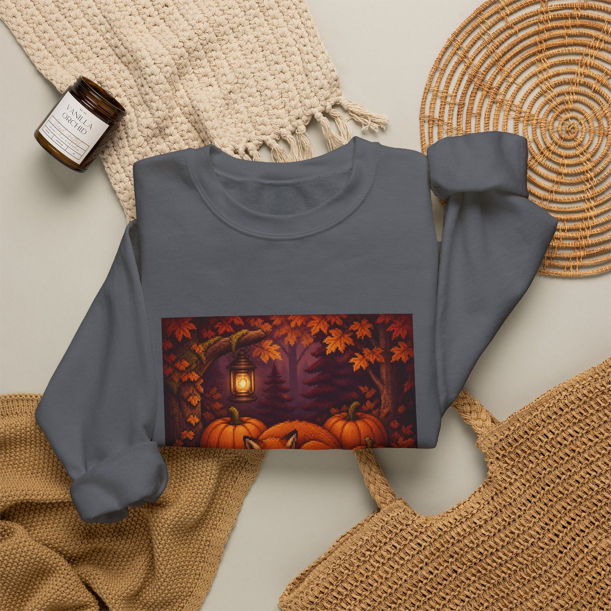 Harvest Fox Pixel Art Crewneck Sweatshirt — Fall & Cozy — original Wear8bit pixel-art product design, product image 9, digital mockup