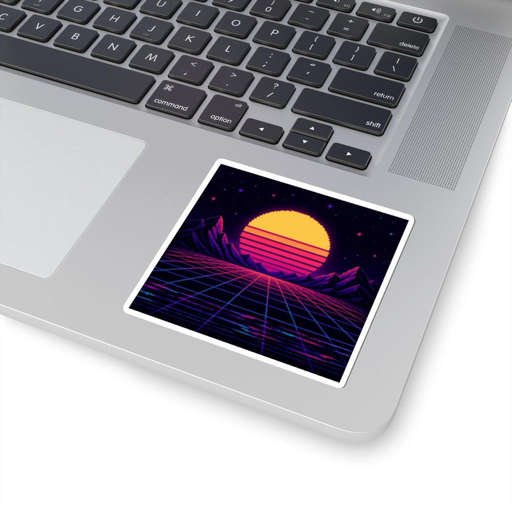Grid Horizon Sticker — Synthwave Pixel Art Decal, Retro Gaming Vinyl Sticker — original Wear8bit pixel-art product design, product image 3, digital mockup
