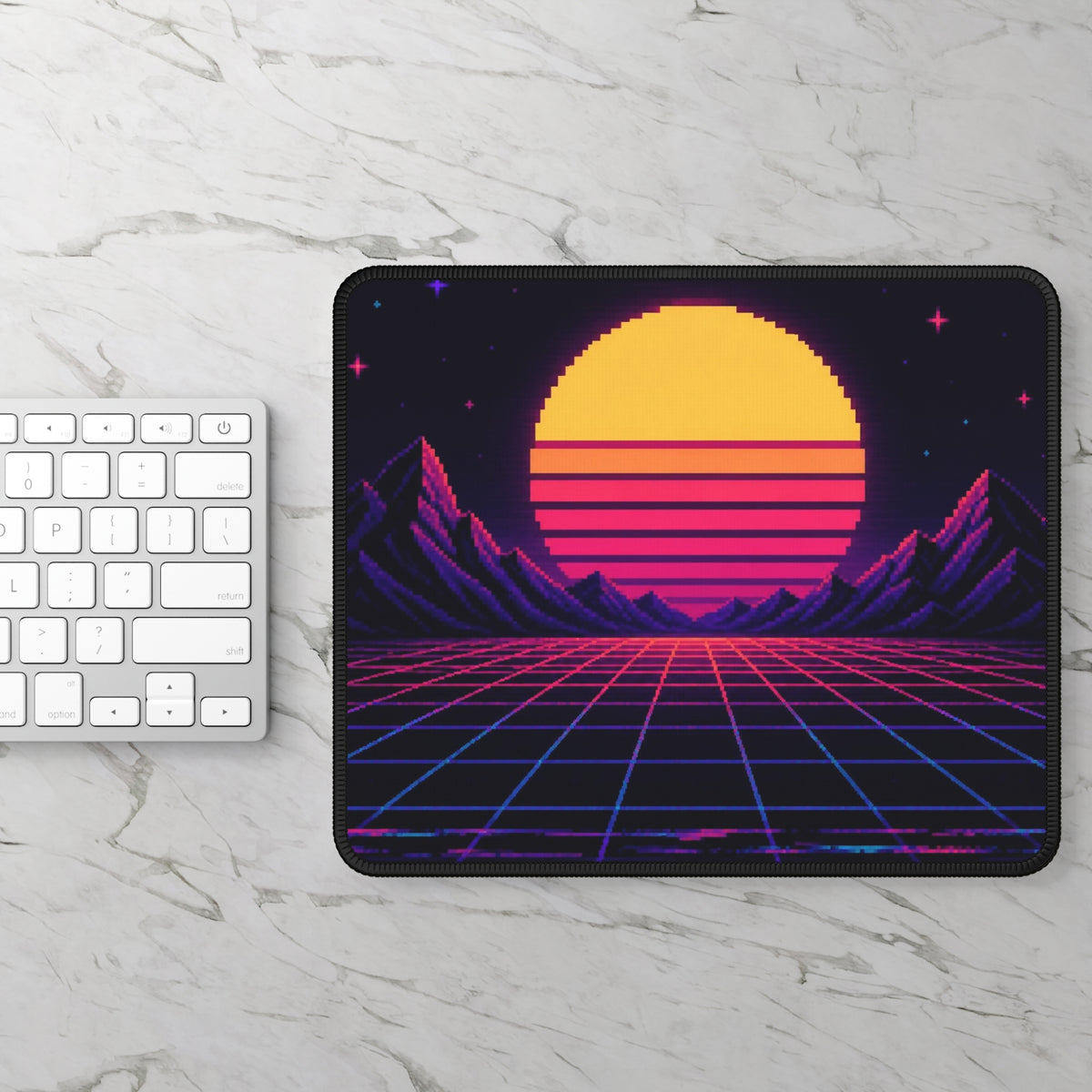 Synthwave Sunset Grid Mousepad — Retro Gaming Desk Decor, Neon Pixel Art — original Wear8bit pixel-art product design, product image 3, digital mockup
