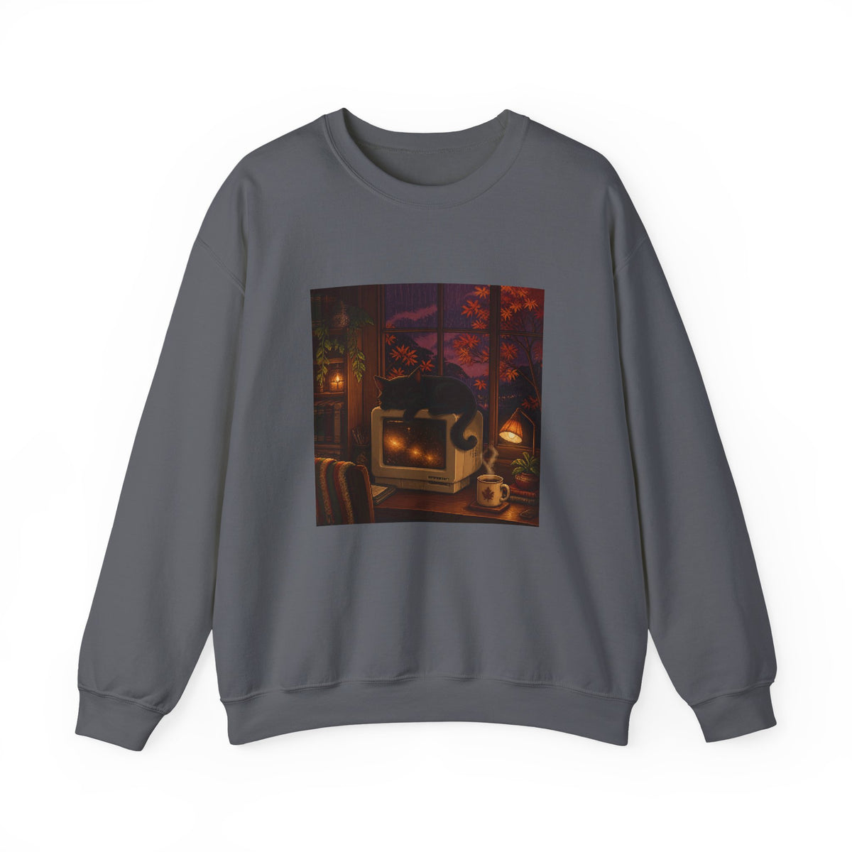 Rainy CRT Cat Pixel Art Crewneck Sweatshirt — Fall & Cozy — original Wear8bit pixel-art product design, product image 3, digital mockup