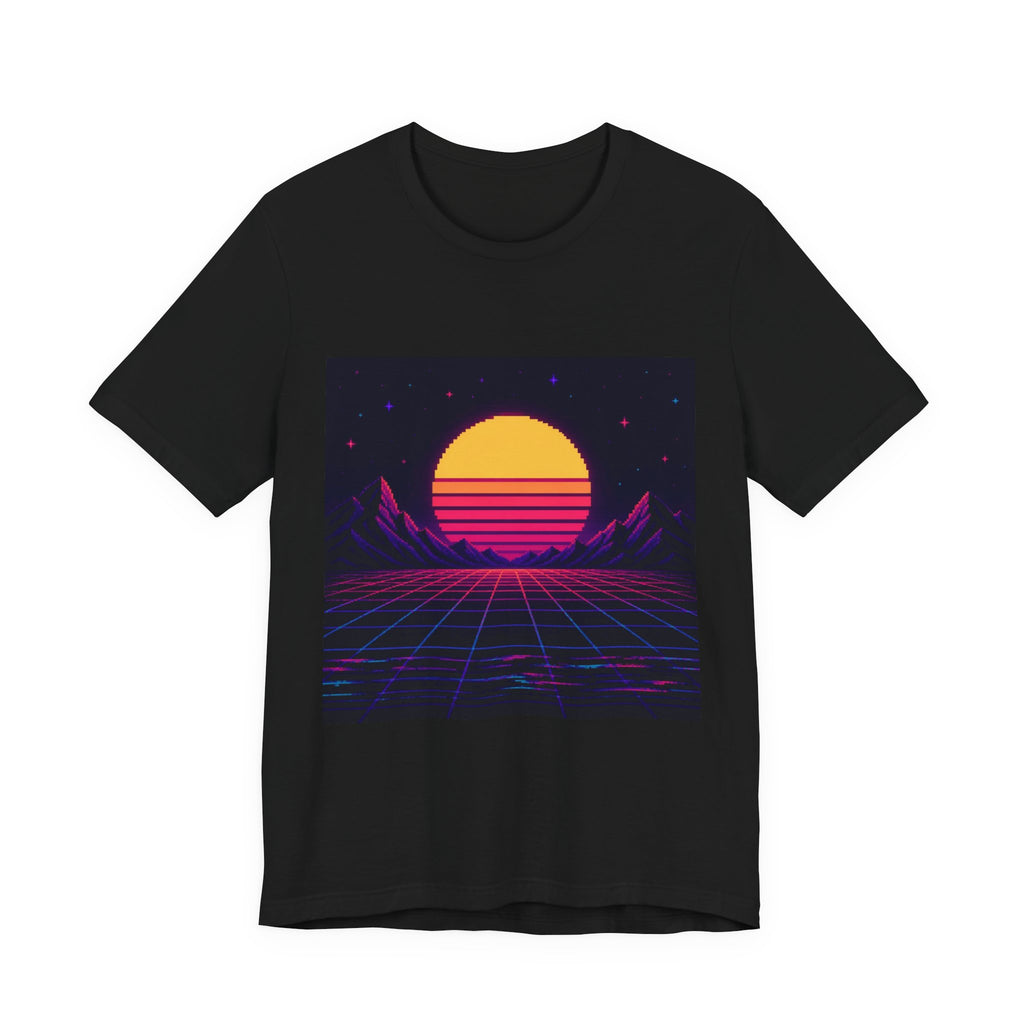 Grid Horizon Graphic Tee — Original Synthwave Pixel Art, Retro Gaming Shirt — original Wear8bit pixel-art product design, product image 2, digital mockup
