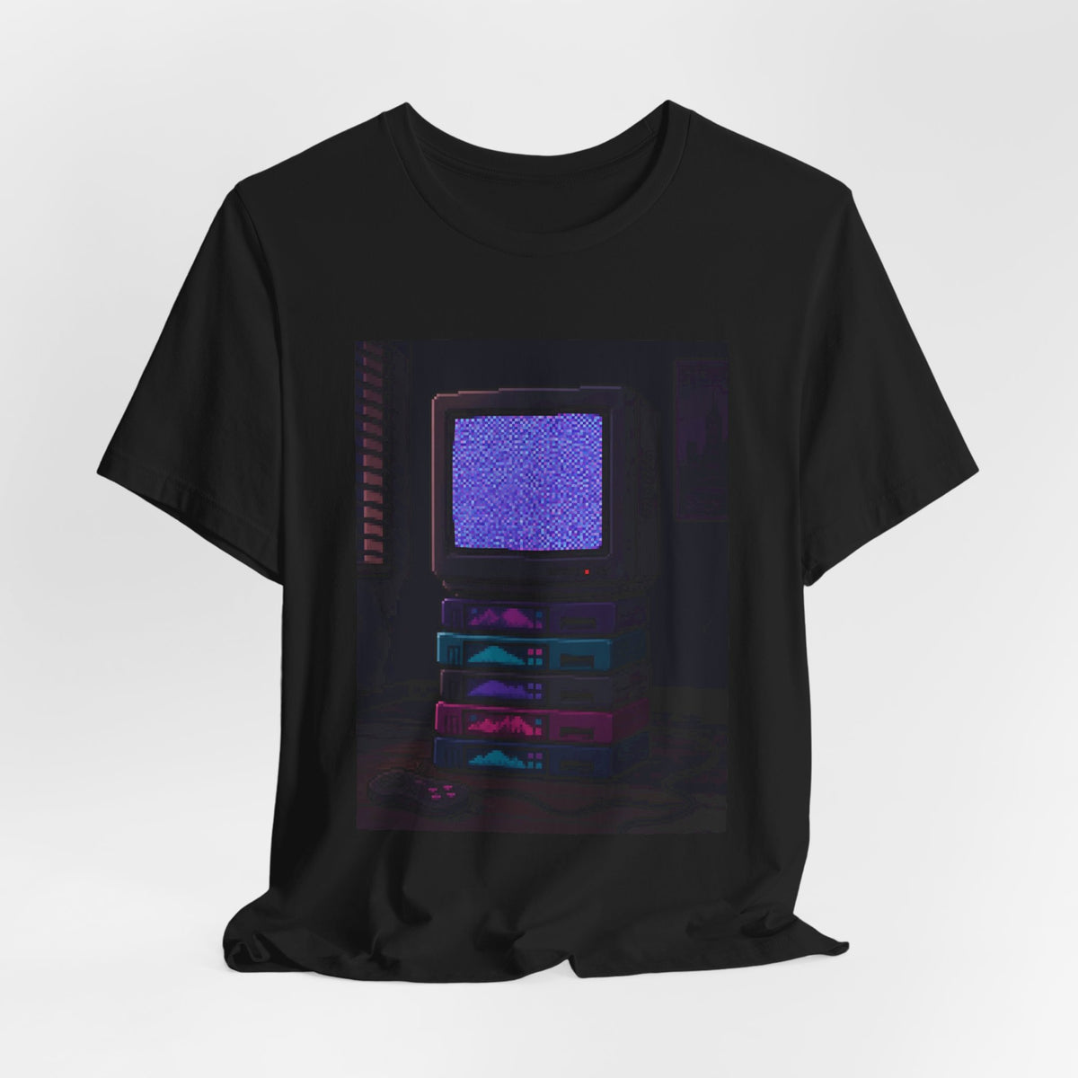 Static Noise Graphic Tee — Vertical CRT Pixel Art Shirt, Synthwave Tee — original Wear8bit pixel-art product design, product image 5, digital mockup