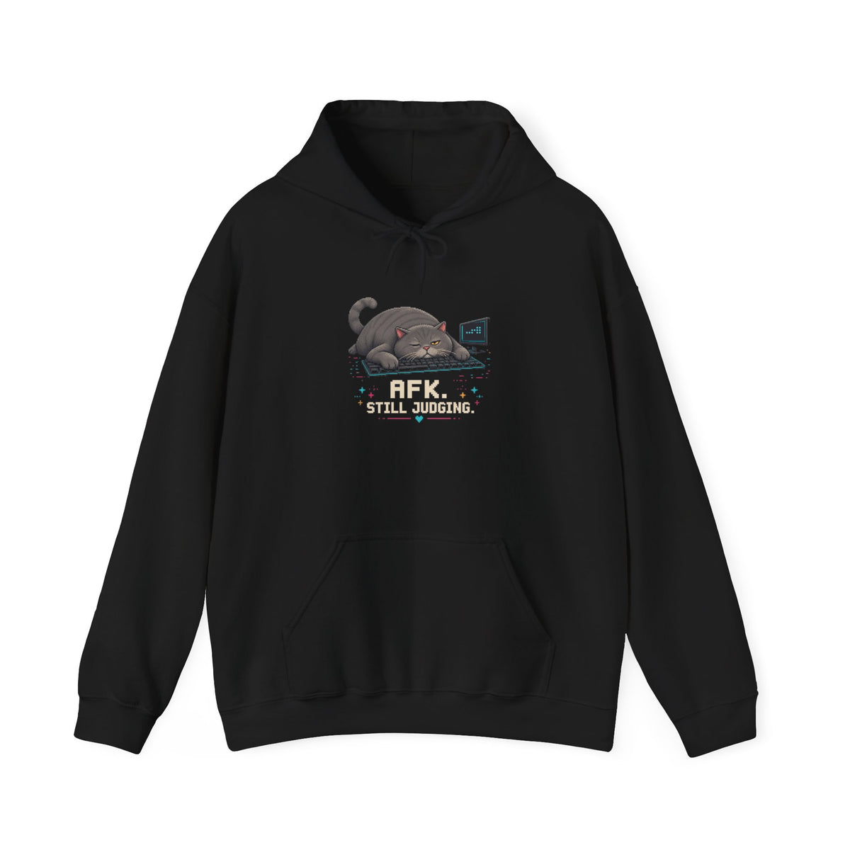 Afk. Still Judging. Gaming Cat Fleece Hoodie — Wear8bit — supplier digital product render, angle 1