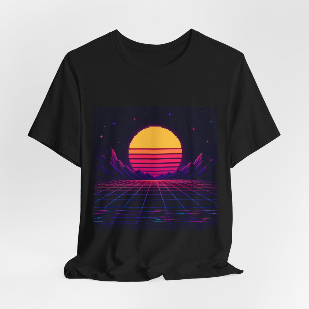 Grid Horizon Graphic Tee — Original Synthwave Pixel Art, Retro Gaming Shirt — original Wear8bit pixel-art product design, product image 5, digital mockup