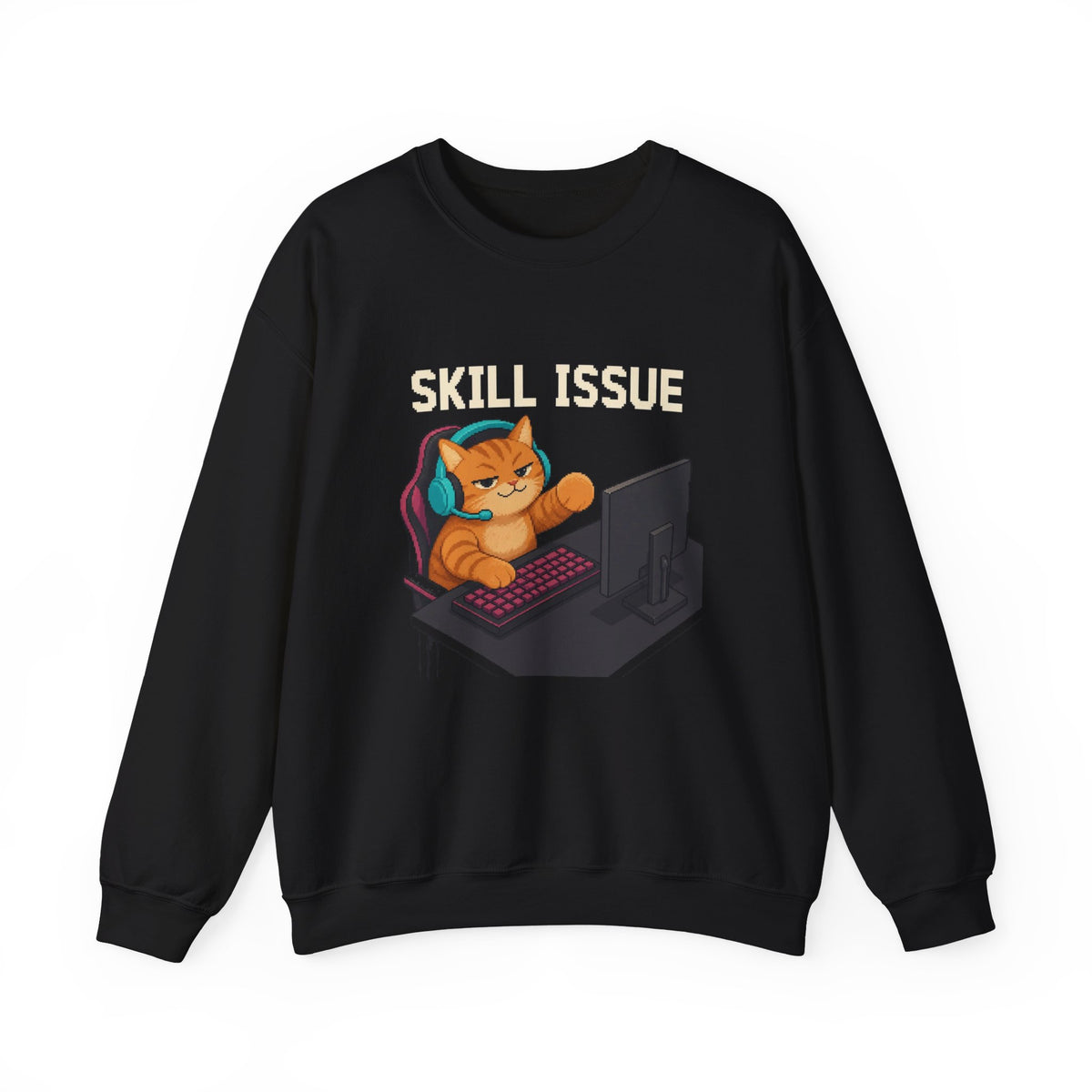 Skill Issue Gaming Cat Crewneck Sweatshirt — Wear8bit — supplier digital product render, angle 1