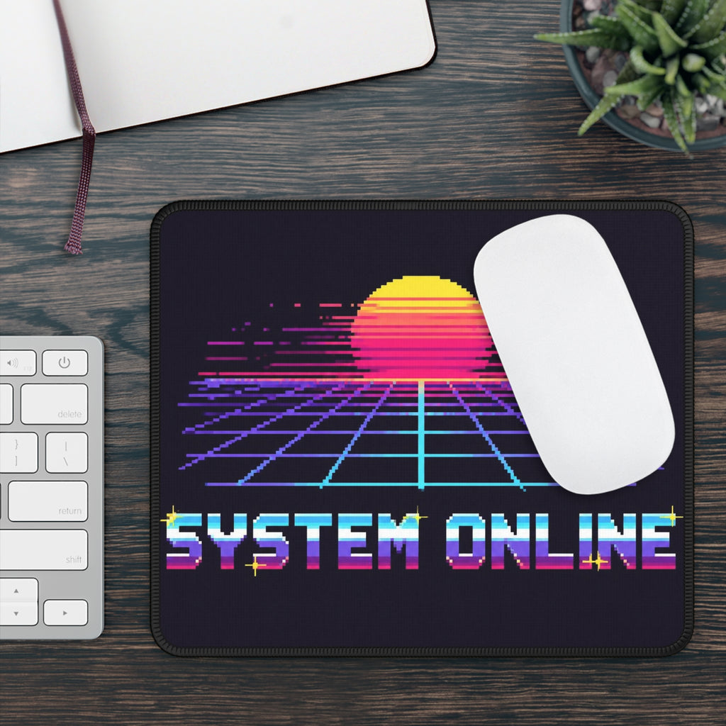 System Online Mousepad — Synthwave Pixel Art Wordmark Desk Mat, Retro Gaming Decor — original Wear8bit pixel-art product design, product image 4, digital mockup