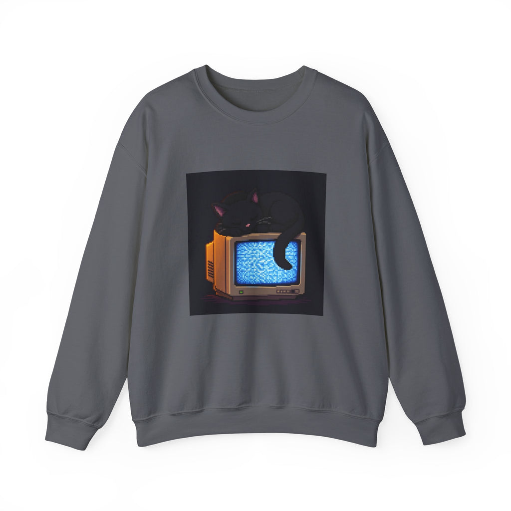 CRT Cat Pixel Art Crewneck Sweatshirt — Winter & Cozy — original Wear8bit pixel-art product design, product image 3, digital mockup