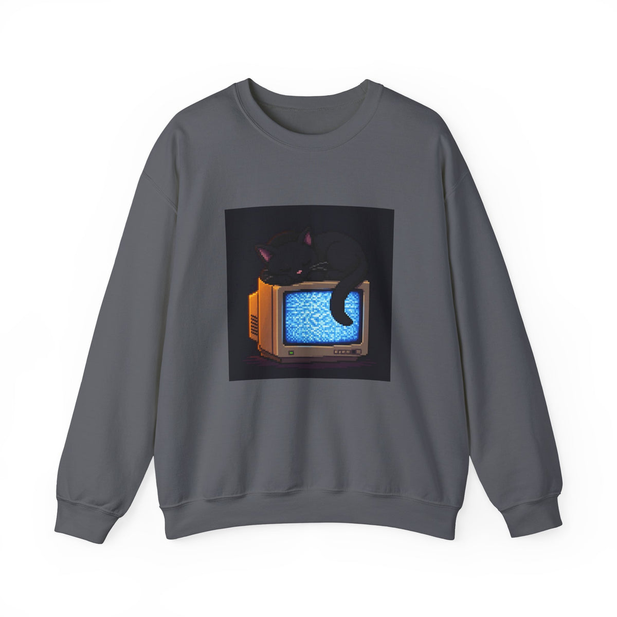 CRT Cat Pixel Art Crewneck Sweatshirt — Winter & Cozy — original Wear8bit pixel-art product design, product image 3, digital mockup