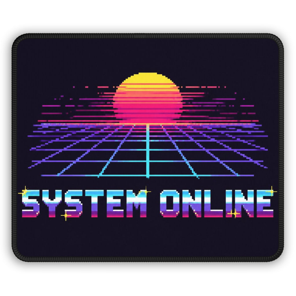 System Online Mousepad — Synthwave Pixel Art Wordmark Desk Mat, Retro Gaming Decor — original Wear8bit pixel-art product design, product image 2, digital mockup
