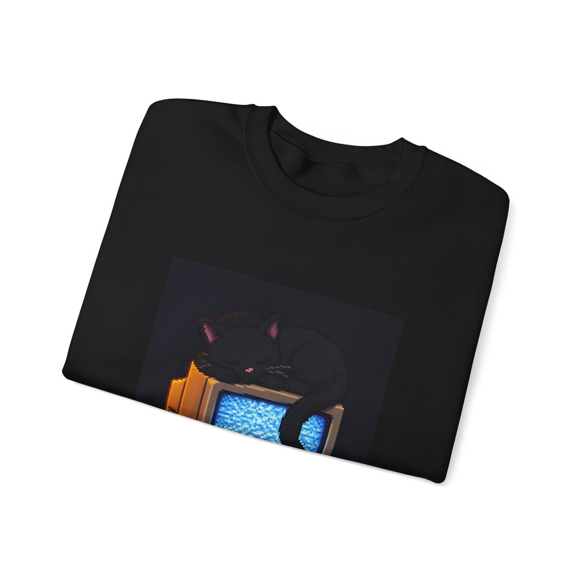 CRT Cat Pixel Art Crewneck Sweatshirt — Winter & Cozy — original Wear8bit pixel-art product design, product image 5, digital mockup