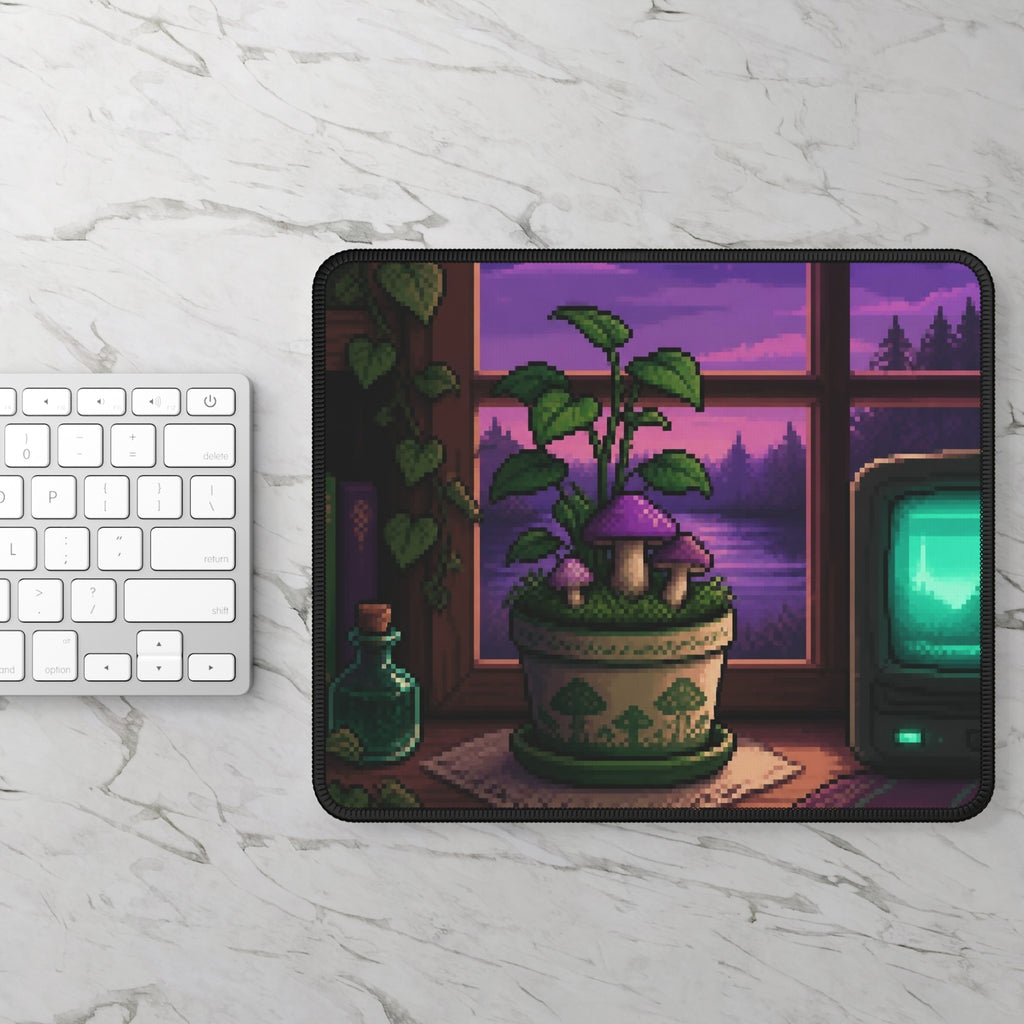 Pixel Garden Mousepad — Cottagecore Pixel Art Desk Mat, CRT-Glow Decor — original Wear8bit pixel-art product design, product image 3, digital mockup