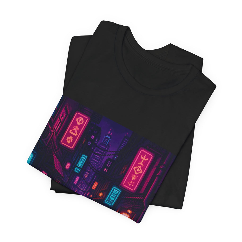 Neon District Graphic Tee — Original Pixel Art Cityscape Shirt, Anime-Aesthetic Tee — original Wear8bit pixel-art product design, product image 4, digital mockup