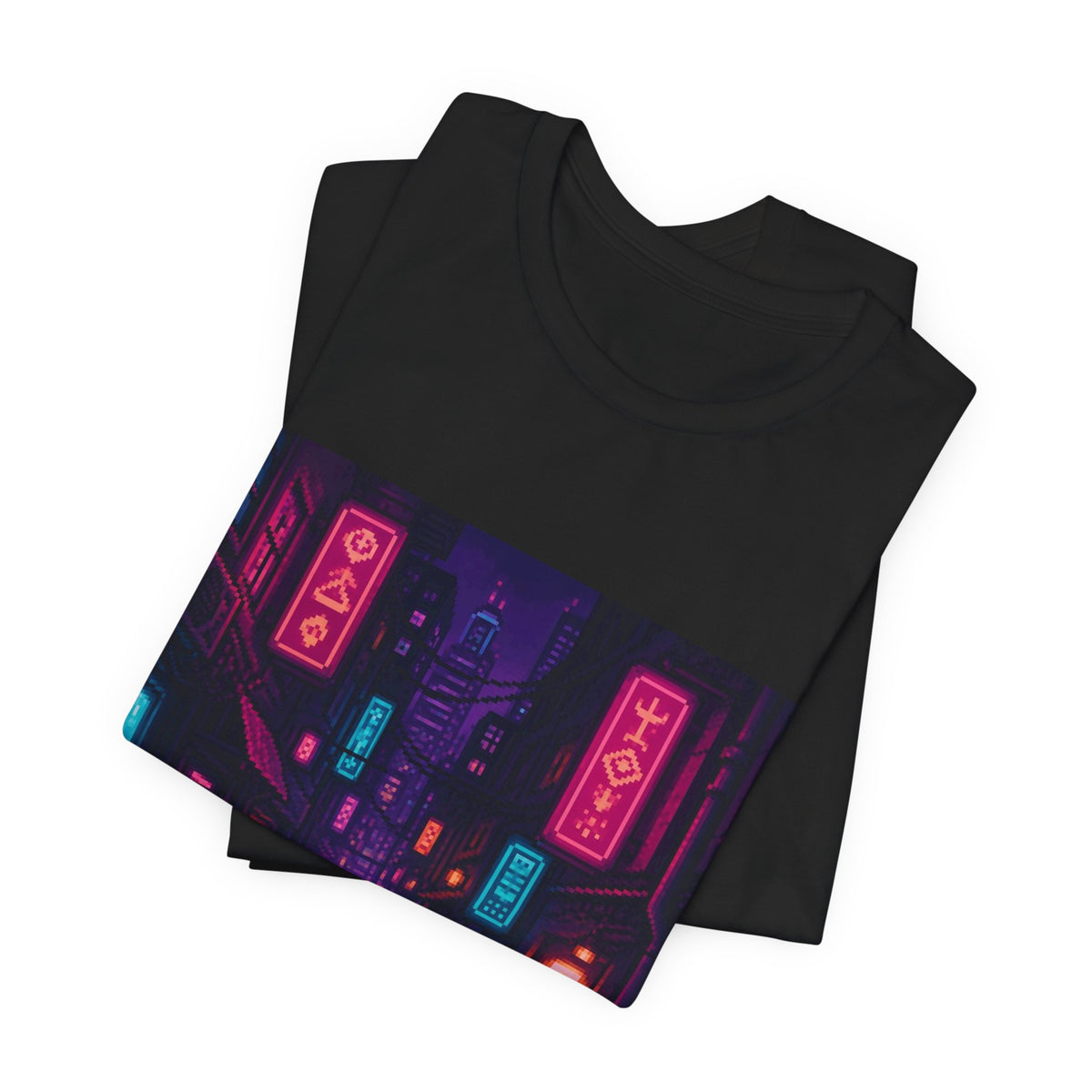 Neon District Graphic Tee — Original Pixel Art Cityscape Shirt, Anime-Aesthetic Tee — original Wear8bit pixel-art product design, product image 4, digital mockup