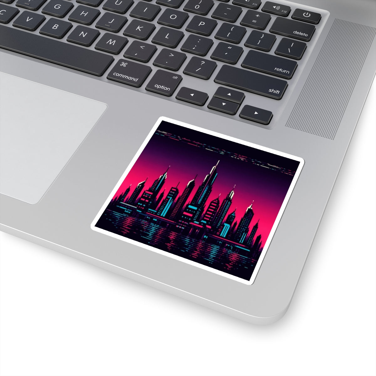 Chrome Skyline Sticker — Retro-Futurist Pixel Art Decal, Synthwave Sticker — original Wear8bit pixel-art product design, product image 3, digital mockup
