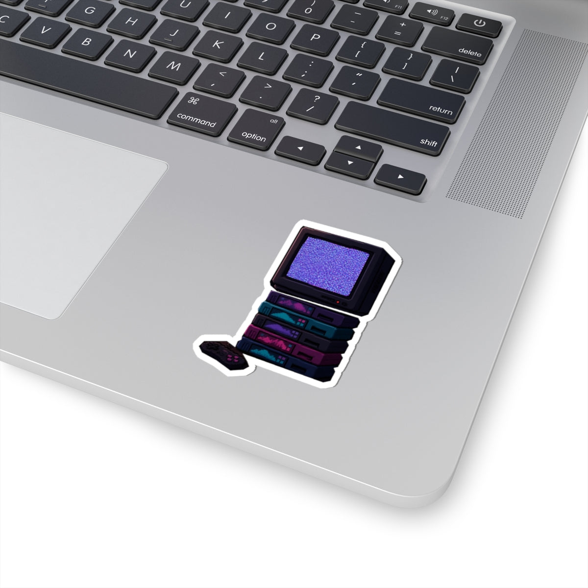 Static Noise Sticker — Vertical CRT Pixel Art Decal, Synthwave Sticker — original Wear8bit pixel-art product design, product image 3, digital mockup