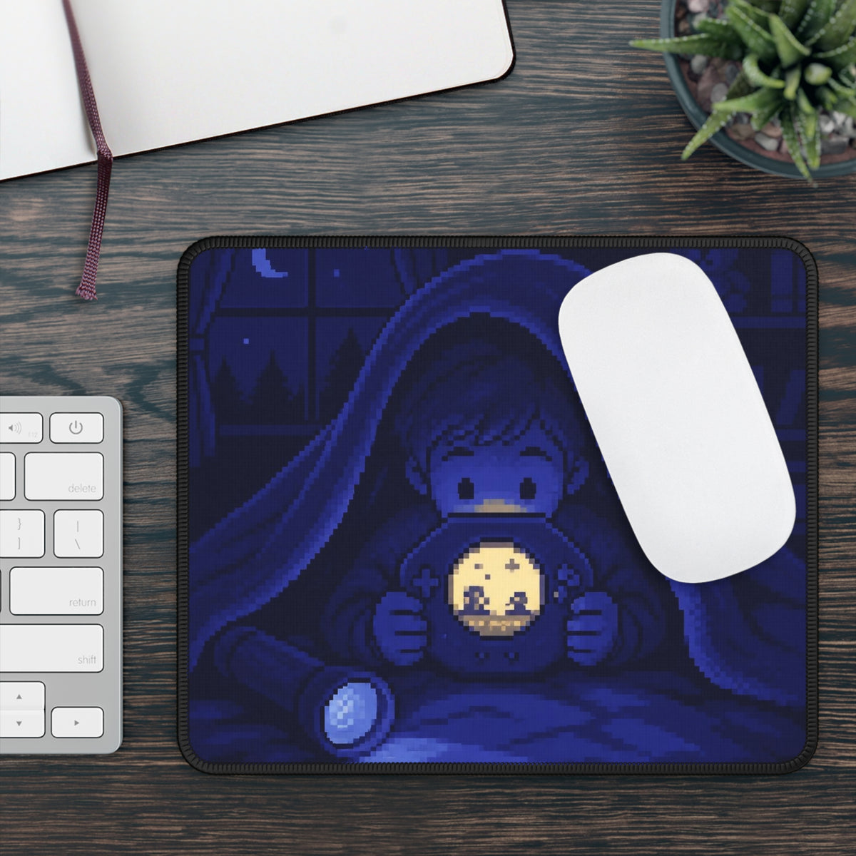 Moonlit Player Mousepad — Flashlight Gaming Pixel Art Desk Mat, Nostalgia Decor — original Wear8bit pixel-art product design, product image 4, digital mockup