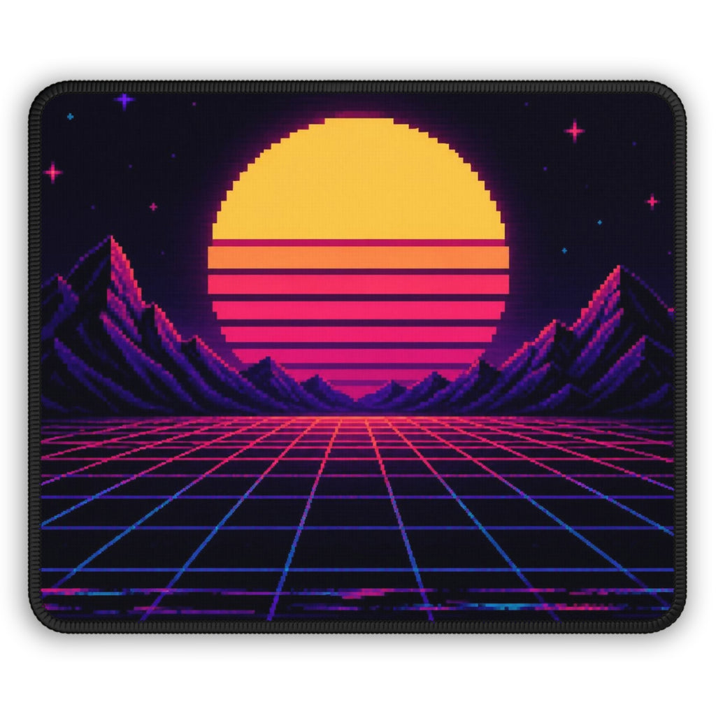 Synthwave Sunset Grid Mousepad — Retro Gaming Desk Decor, Neon Pixel Art — original Wear8bit pixel-art product design, product image 2, digital mockup