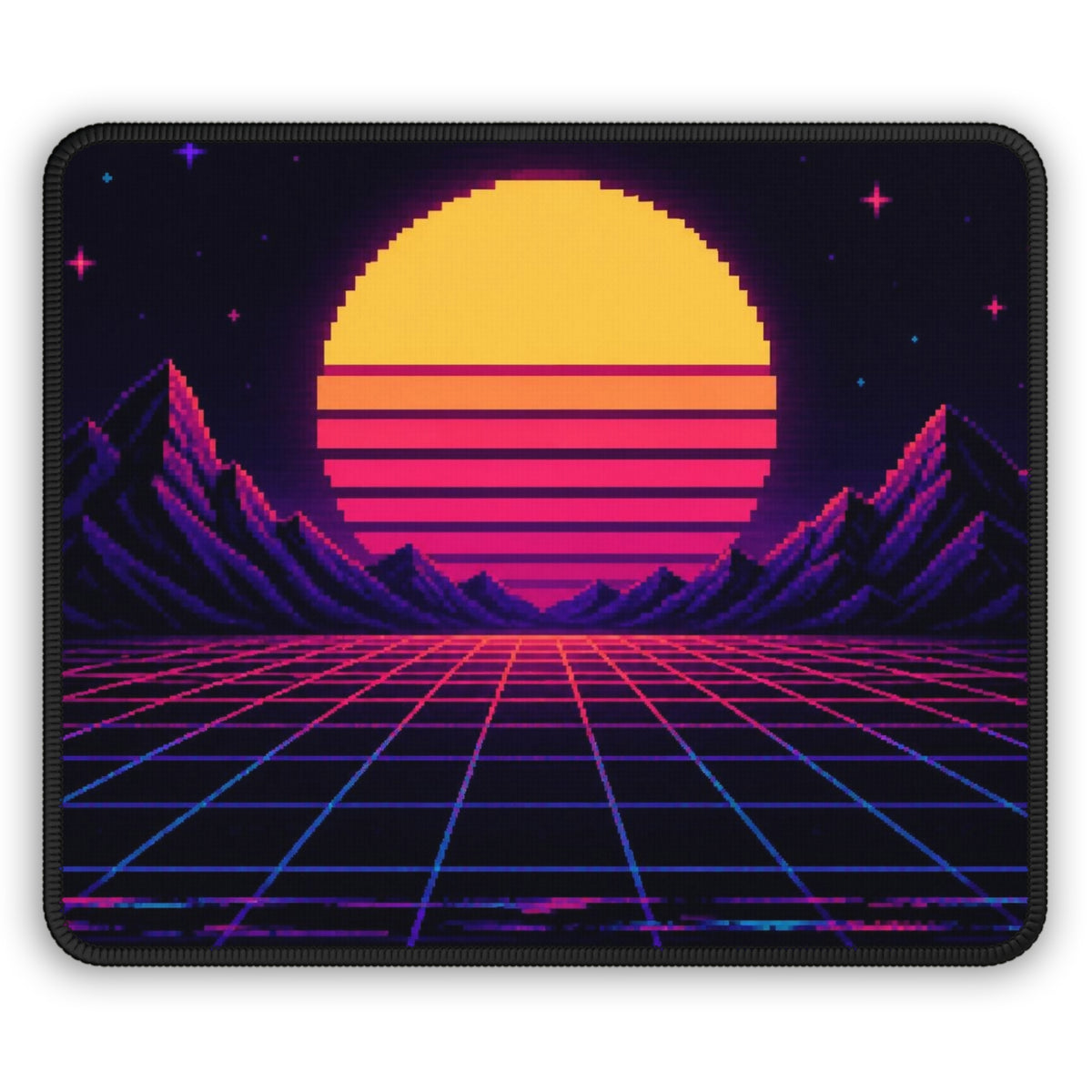 Synthwave Sunset Grid Mousepad — Retro Gaming Desk Decor, Neon Pixel Art — original Wear8bit pixel-art product design, product image 2, digital mockup