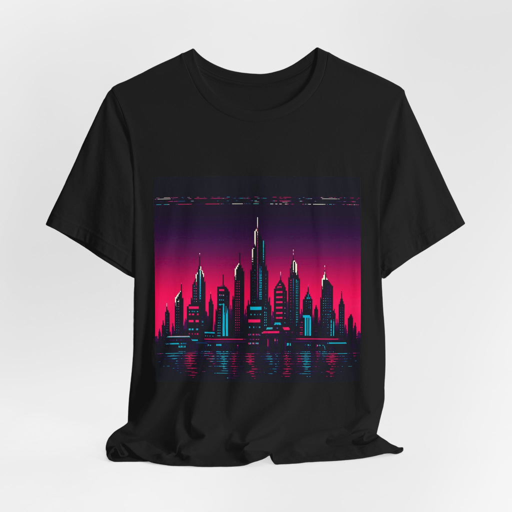 Chrome Skyline Graphic Tee — Retro-Futurist Pixel Art, Synthwave Gaming Shirt — original Wear8bit pixel-art product design, product image 5, digital mockup
