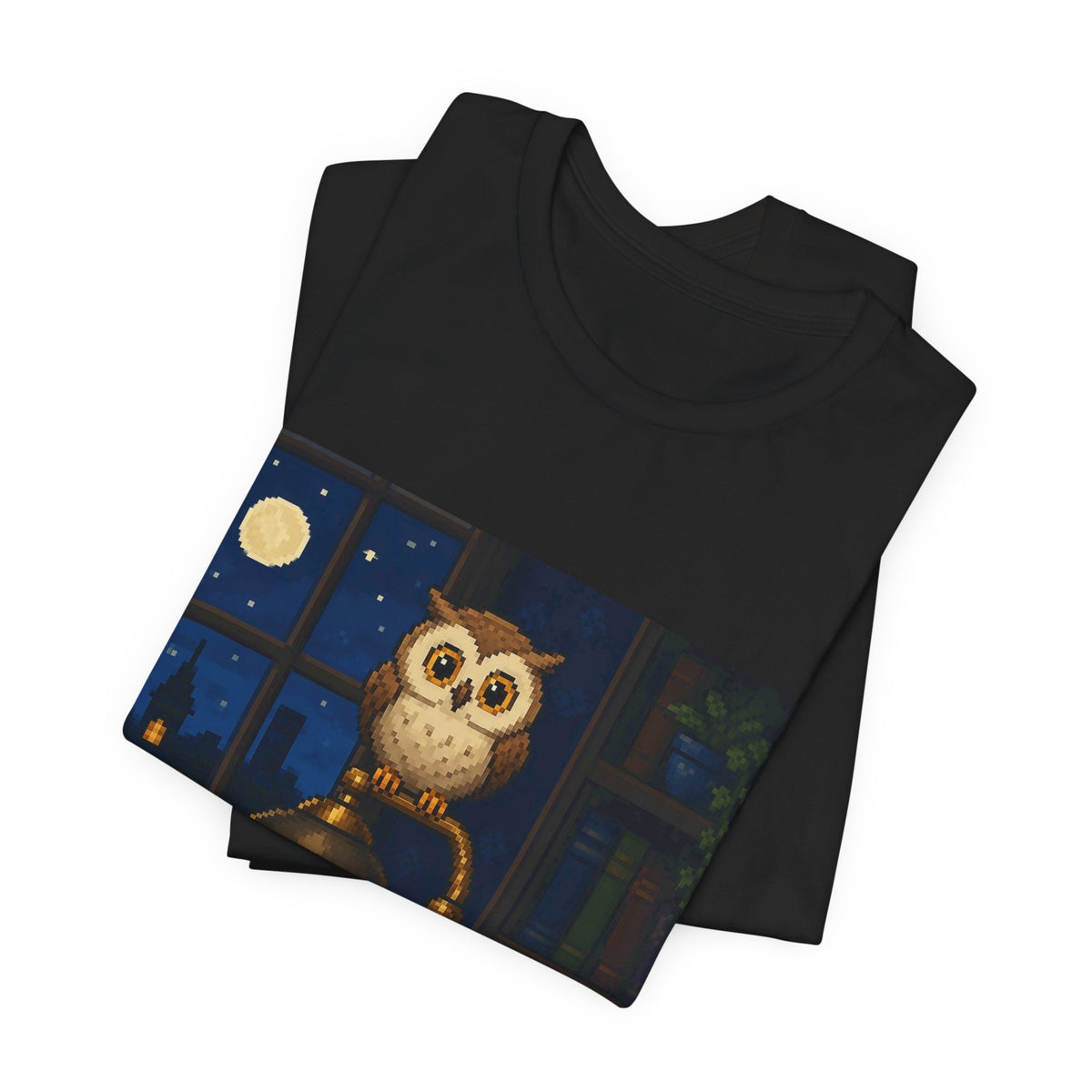 Owl Lamp Tee — original Wear8bit pixel-art product design, product image 4, digital mockup