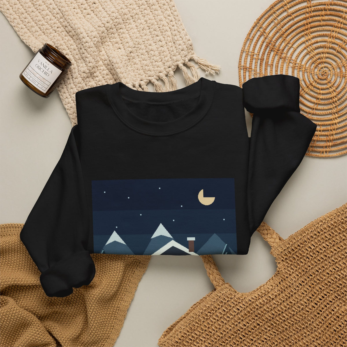 Snow Save Point Pixel Art Crewneck Sweatshirt — Winter & Cozy — original Wear8bit pixel-art product design, product image 6, digital mockup
