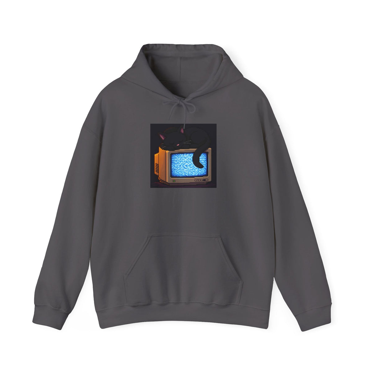 CRT Cat Pixel Art Fleece Hoodie — Winter & Cozy — original Wear8bit pixel-art product design, product image 3, digital mockup