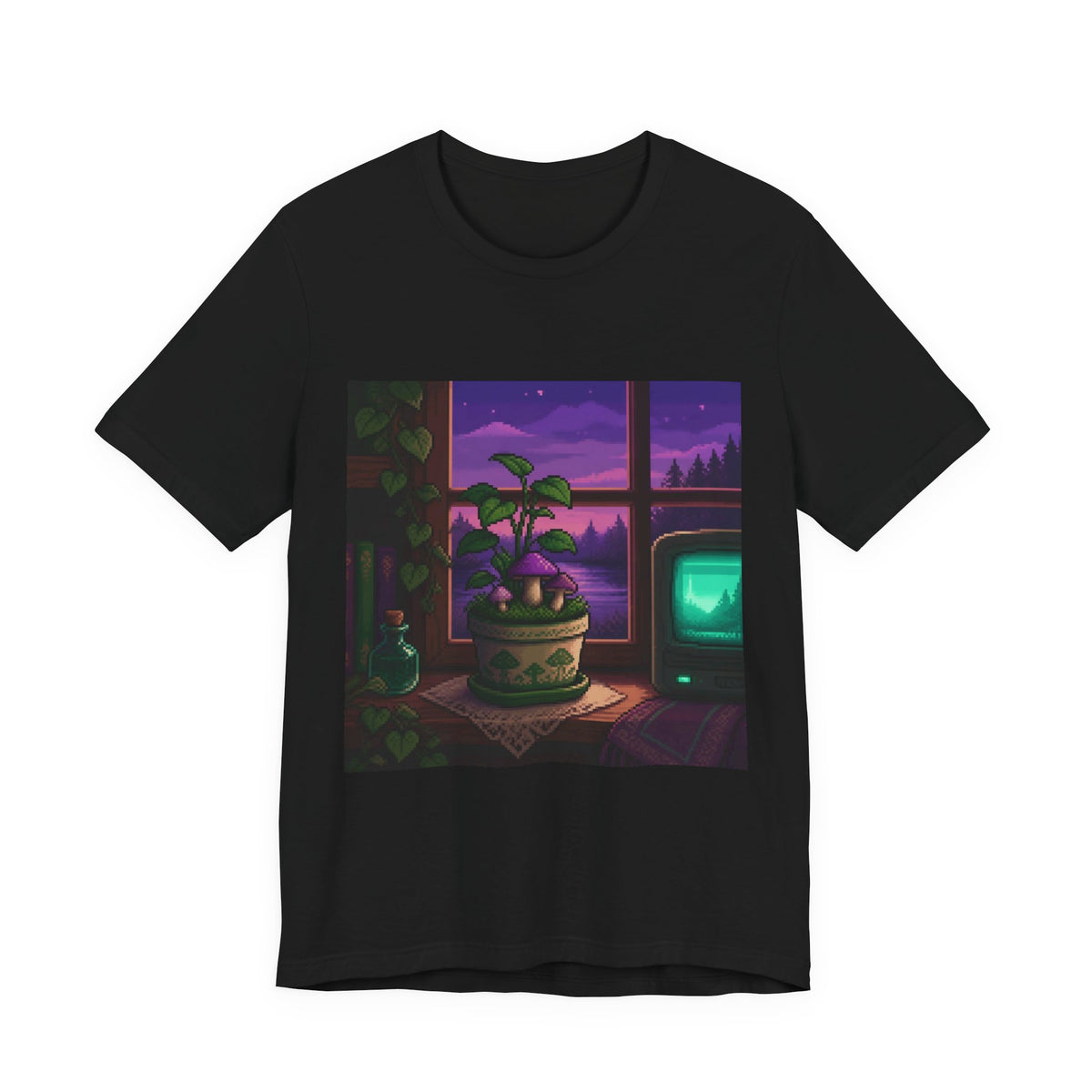 Pixel Garden Graphic Tee — Cottagecore Pixel Art Shirt, CRT-Glow Plant Tee — original Wear8bit pixel-art product design, product image 2, digital mockup