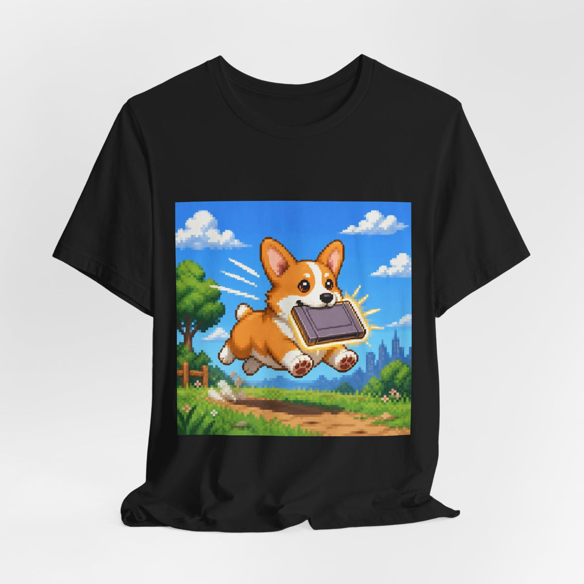 Corgi Cartridge Tee — original Wear8bit pixel-art product design, product image 5, digital mockup