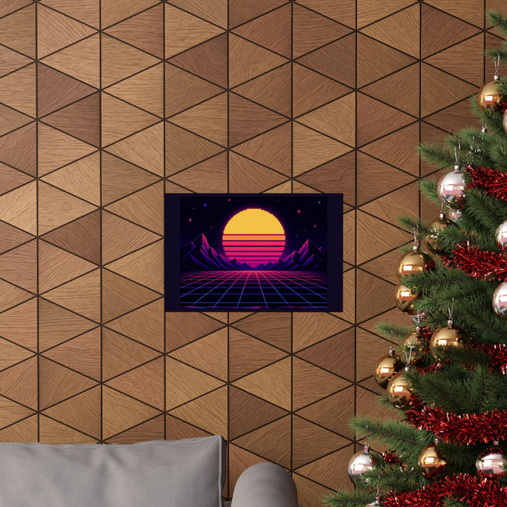 Synthwave Sunset Grid Poster — Retro 80s Neon Wall Art, CRT Glitch Print — original Wear8bit pixel-art product design, product image 5, digital mockup