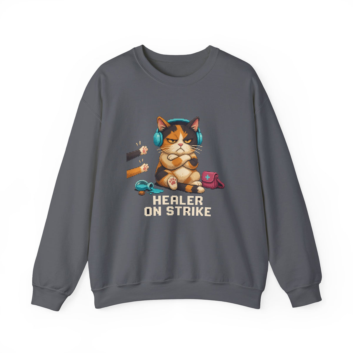 Healer On Strike Gaming Cat Crewneck Sweatshirt — Wear8bit — supplier digital product render, angle 2