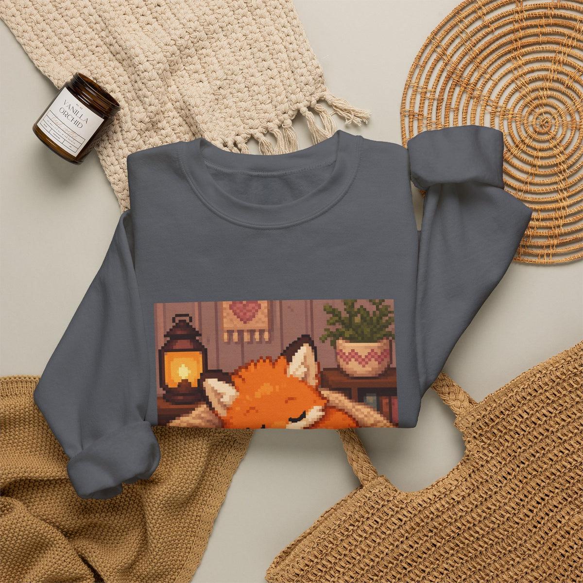 Baby Fox Pixel Art Crewneck Sweatshirt — Winter & Cozy — original Wear8bit pixel-art product design, product image 9, digital mockup