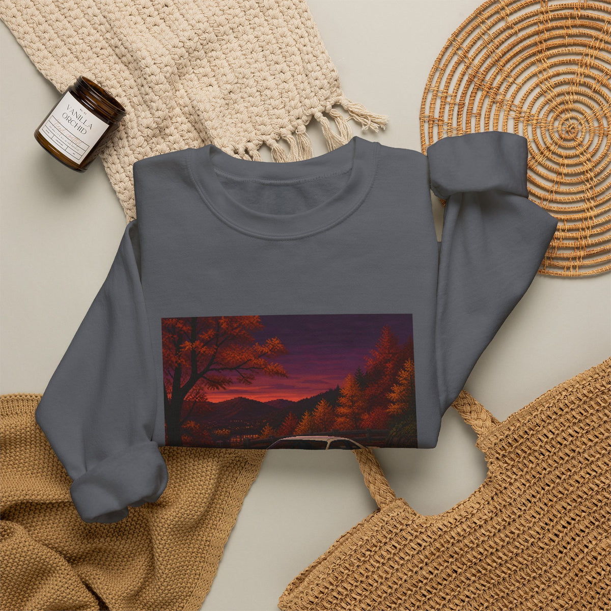 Amber Overdrive Pixel Art Crewneck Sweatshirt — Fall & Cozy — original Wear8bit pixel-art product design, product image 9, digital mockup