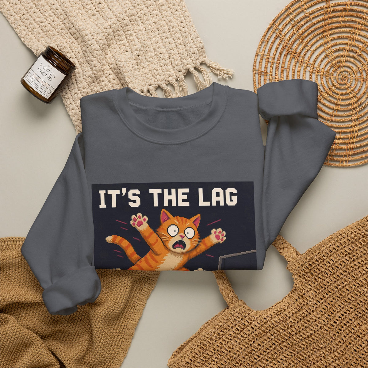 It'S The Lag Gaming Cat Crewneck Sweatshirt — Wear8bit — supplier digital product render, angle 8