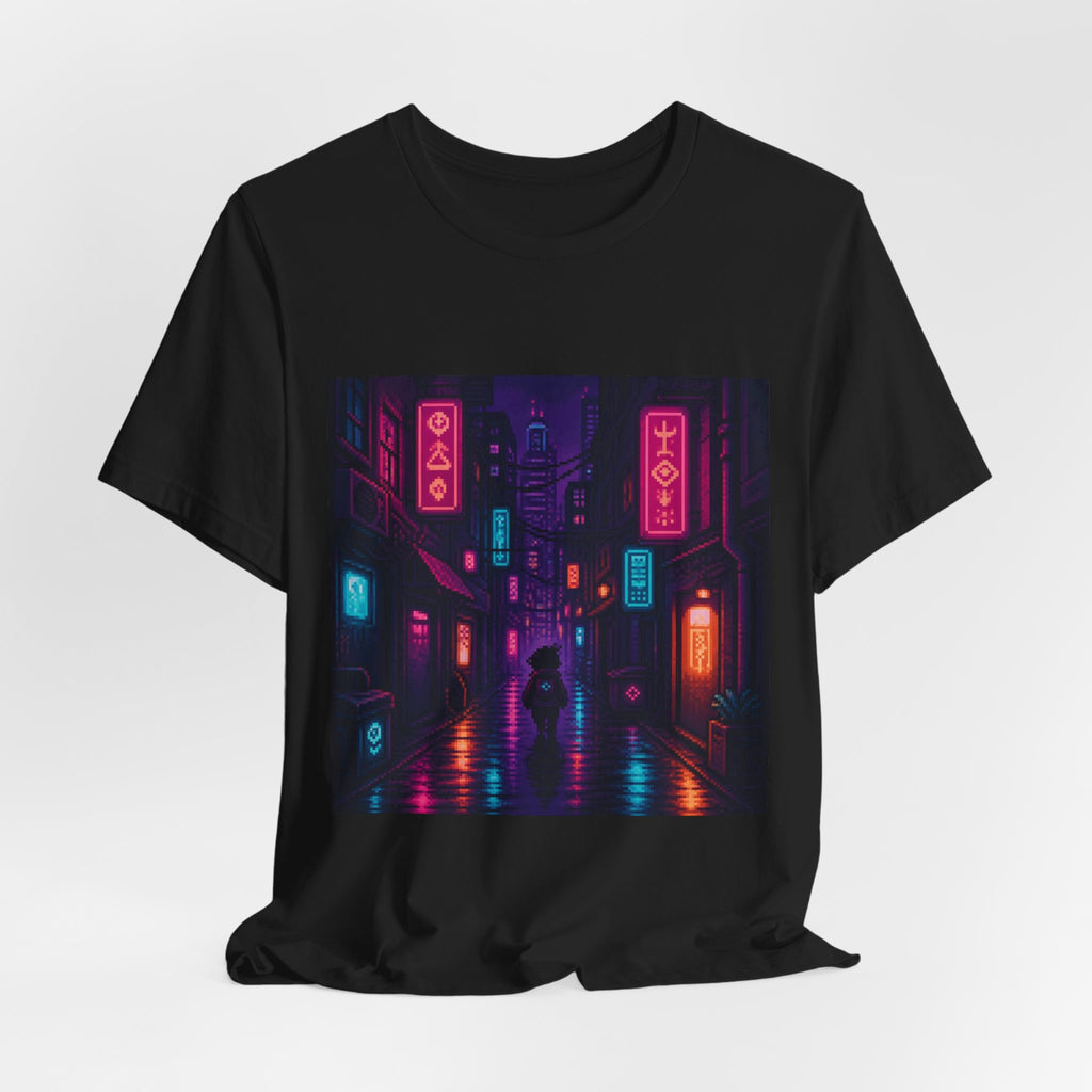 Neon District Graphic Tee — Original Pixel Art Cityscape Shirt, Anime-Aesthetic Tee — original Wear8bit pixel-art product design, product image 5, digital mockup