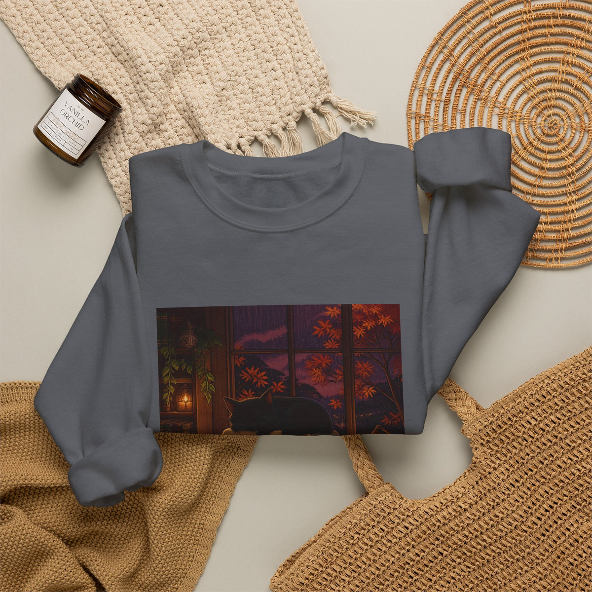 Rainy CRT Cat Pixel Art Crewneck Sweatshirt — Fall & Cozy — original Wear8bit pixel-art product design, product image 9, digital mockup