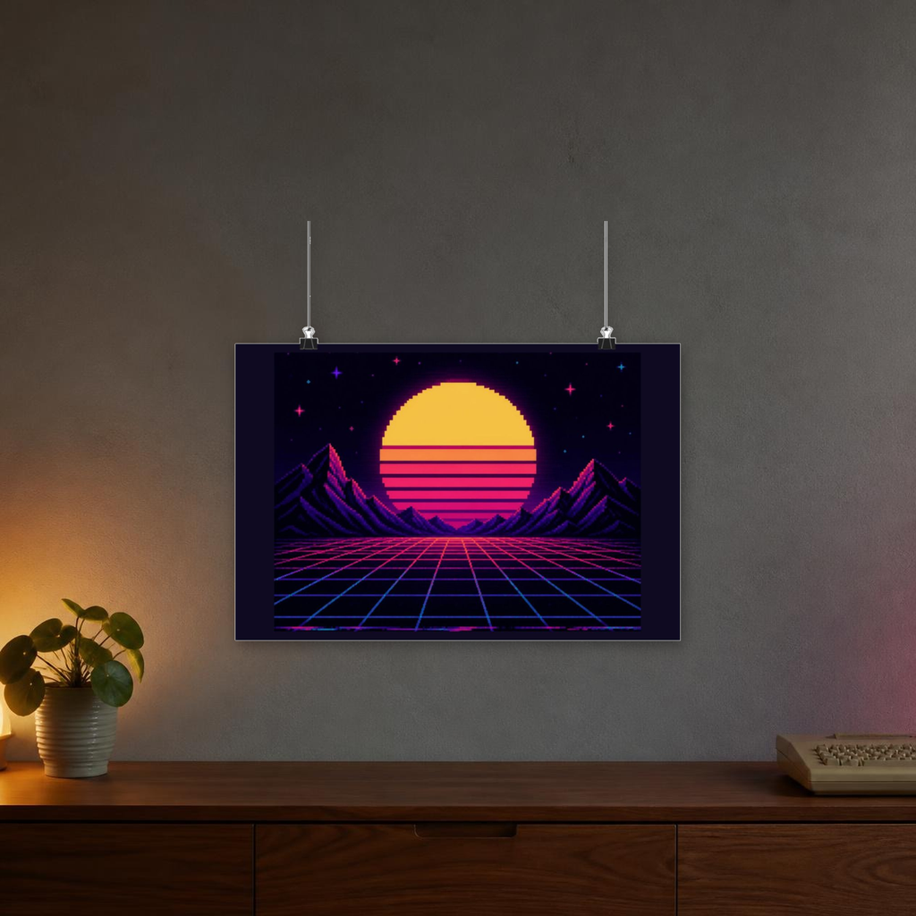 Synthwave Sunset Grid Poster — Retro 80s Neon Wall Art, CRT Glitch Print — faithful current supplier garment; digital lifestyle mockup [catalog balanced print fit v1]
