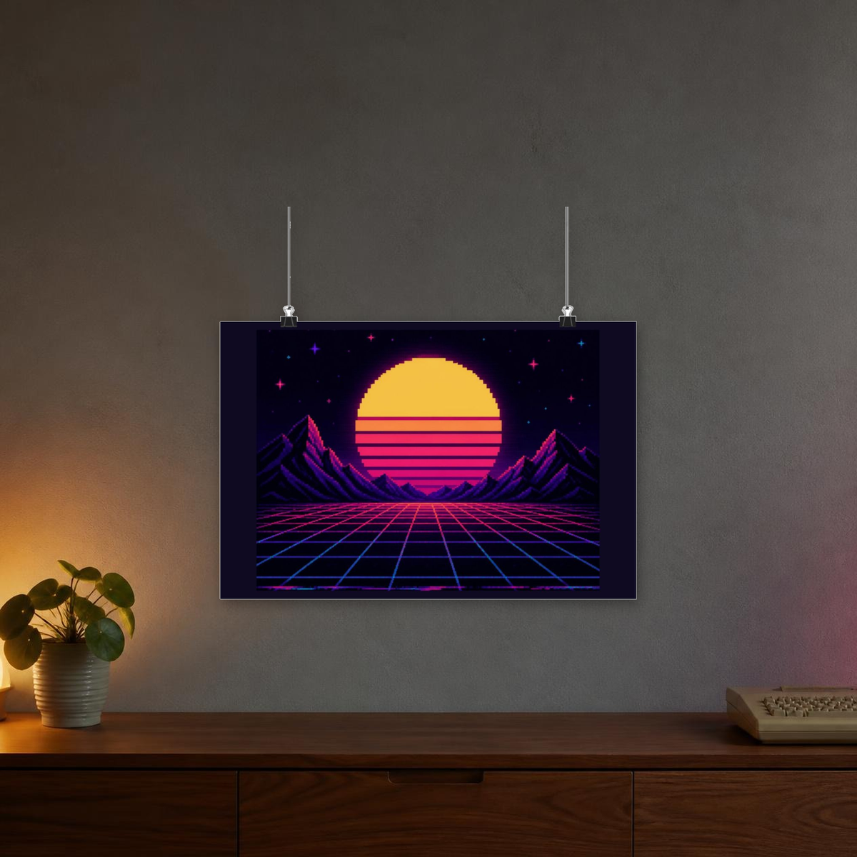 Synthwave Sunset Grid Poster — Retro 80s Neon Wall Art, CRT Glitch Print — faithful current supplier garment; digital lifestyle mockup [catalog balanced print fit v1]